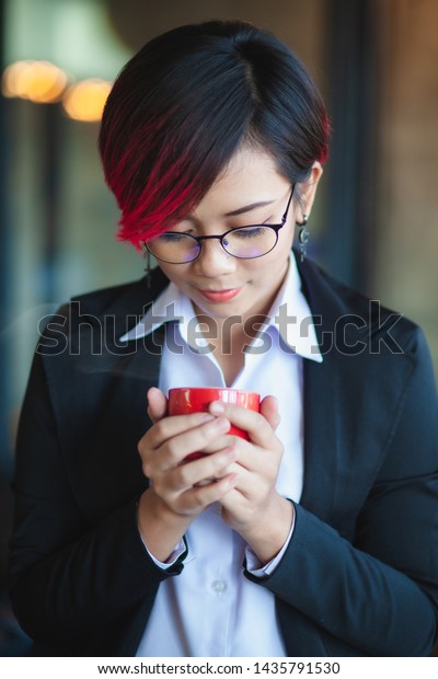 Asian Working Woman Purple Hair She Stock Photo Edit Now 1435791530