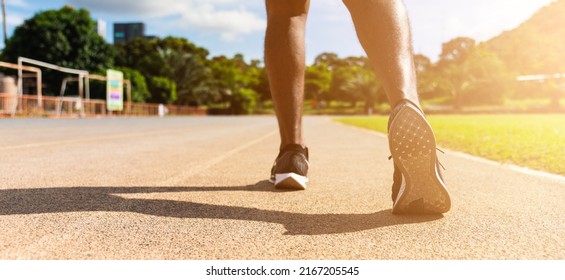 Asian Young Athlete Sport Runner Black Man Wear Feet Active Ready To Running Training At The Outdoor On The Treadmill Line Road For A Step Forward, Healthy Exercise Workout, Closeup Back Shoe