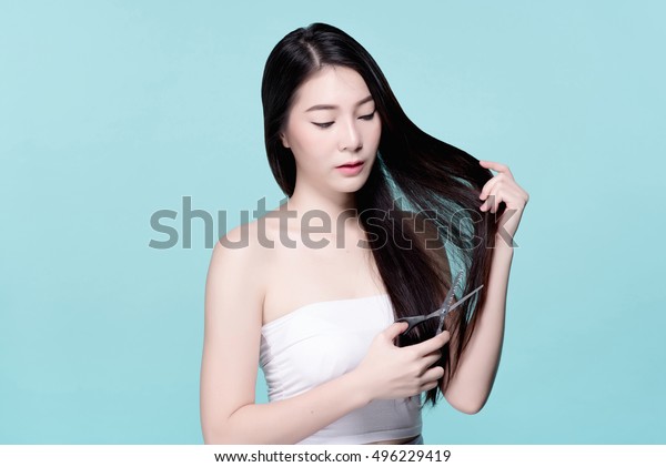Asian Young Beautiful Woman Cutting Damaged Stock Photo Edit Now