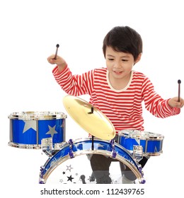 Asian Young Boy Playing Blue Drum On White Background