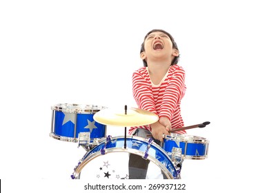 Asian Young Boy Playing Blue Drum On White Background