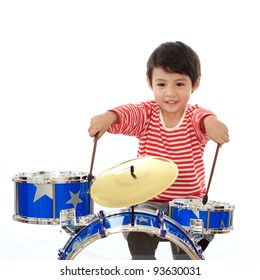 Asian Young Boy Playing Blue Drum On White Background