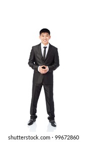 Asian Young Business Man Happy Smile, Businessman Wear Elegant Suit And Tie Full Length Portrait Isolated Over White Background