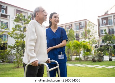 Asian Young Caregiver Nurse Support Senior Older Male Walking Outdoors. Specialist Girl Doctor Help And Take Care Of Elderly Mature Man Patient Doing Physical Therapy In Public Park At Nursing Home.