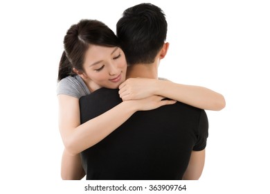 Asian Young Couple Hug And Comfort, Closeup Portrait