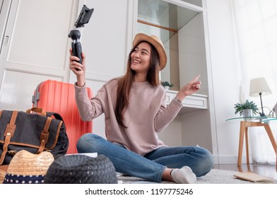 Asian Young Female Blogger Recording Vlog Video With Mobile Phone Live Streaming When Travel.online Influencer On Social Media Viral Concept