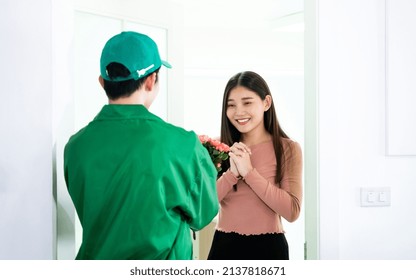 Asian Young Girl Happy Waiting Beautiful Flower Gift From Her Boyfriend Who Used Delivery Service For Celebrate An Anniversary