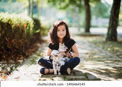 Asian Young Girl Holding A Mother Cat And Kittens In The Park Under The Sun. Pet And Domestic Animal Lover. Happy Child In Nature During The Summer. Cats And Family. Friendship And Childhood Memory.