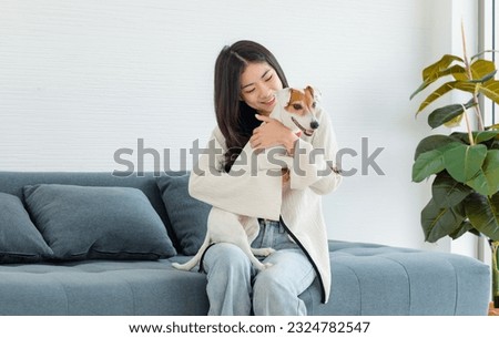 Asian young happy cheerful female owner sitting smiling on cozy sofa couch playing hugging cuddling with best friend small companion dog white short hair parson jack russell terrier in living room.