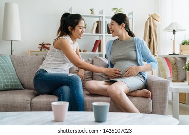 asian young japanese woman visit pregnant friend at home sitting on couch in cozy living room. two ladies with future motherhood relax on sofa while girl one hand touching belly feeling baby moving