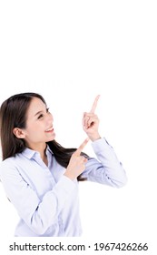 Asian young long hair successful beautiful female businesswoman hold  hands up use index finger point and look up smiling to sky in front on white background.