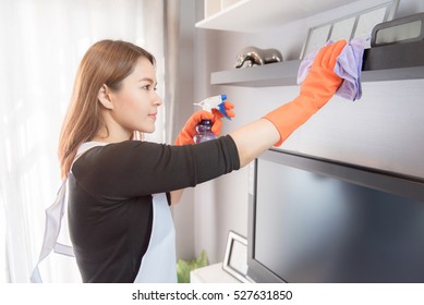 Asian Young Maid Cleaning At Home, Cleaning Service Concept