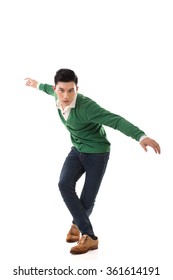 Asian Young Man Dance, Full Length Portrait Isolated.