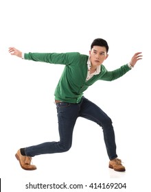 Asian Young Man Dance, Full Length Portrait Isolated.