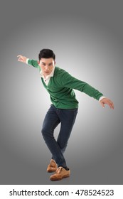 Asian Young Man Dance, Full Length Portrait Isolated.