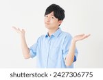 Asian young man giving up in white background