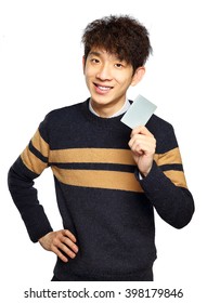 Asian Young Man Holding Card On White Background