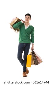 Asian Young Man Holding Shopping Bags, Full Length Portrait Isolated.