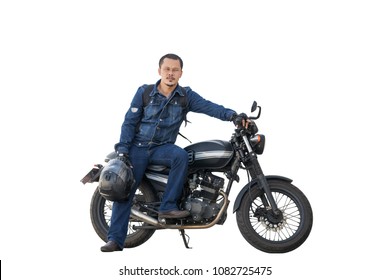 Asian Young Man Riding A Motorcycle On A Black Classic Model On White Background
