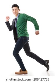 Asian Young Man Running With Casual Clothes Mix Business Suit, Concept Of Life And Work Balance.