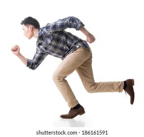 Asian Young Man Running, Full Length Portrait Isolated On White.