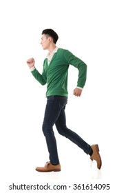 Asian Young Man Running, Full Length Portrait Isolated On White.