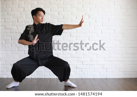 Asian young novice on a white brick wall background
