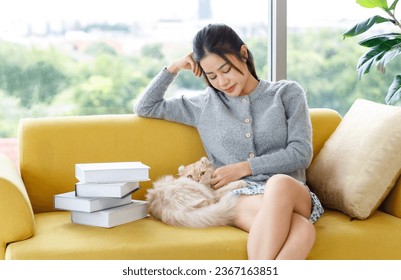 Asian young pretty cheerful female teenager girl in sweater sitting on cozy sofa couch smiling playing cuddling with little cute domestic orange long hair companion pet cat with stack of text book. - Shutterstock ID 2367163851