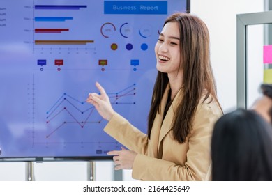 Asian Young Pretty Professional Successful Businesswoman Staff Standing Greeting Say Thank You When Finishing Presentation While Male And Female Colleagues Clapping Hands Together Admire Compliment.