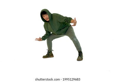 Asian Young Professional Dancer Man Is Hiphop And Break Dancing Action Isolataed On White Background In Studio