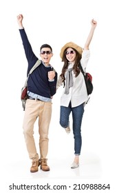 Asian Young Traveling Couple Feel Exciting And Dancing, Full Length Portrait Isolated On White Background.