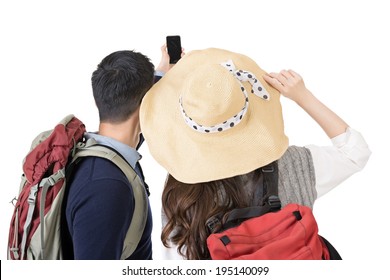 Asian Young Traveling Couple Selfie, Rear View Full Length Portrait Isolated On White Background.