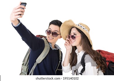 Asian Young Traveling Couple Selfie, Full Length Portrait Isolated On White Background.