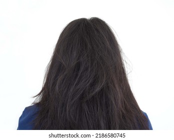 Asian Young Woman, Hair Splitting Ends, Messy Unbrushed Dry Hair And Frizzy, Hair Care Concept. Closeup Photo, Blurred.