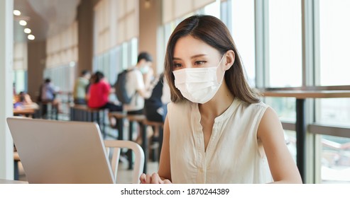 Asian Young Woman Has Remote Work In Coffee Shop Or Restaurant With Surgical Face Mask