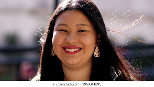 Asian Young Woman, Larger Sizer Japanese Descent Lady Smiling Outdoors.