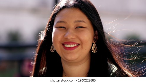 Asian Young Woman, Larger Sizer Japanese Descent Lady Smiling Outdoors.