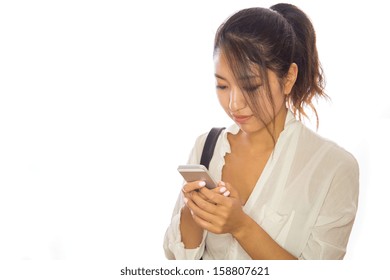 Asian Young Woman Texting On Cellphone Iphone Email Message