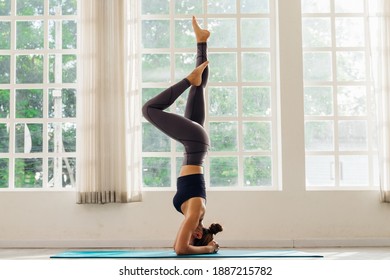 Asian young woman training yoga doing headstand pose on floor in room in morning. Instructor woman leading exercise pose, Healthy lifestyle, working out, indoor full length, studio background. - Powered by Shutterstock