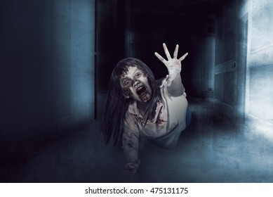 Asian Zombie Woman, Ugly Face And Anger Expression In Empty Room, Horror Situation.