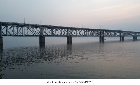 Asia's longest rail and road bridge across the Godavari river in the evening in rajahmundry, India