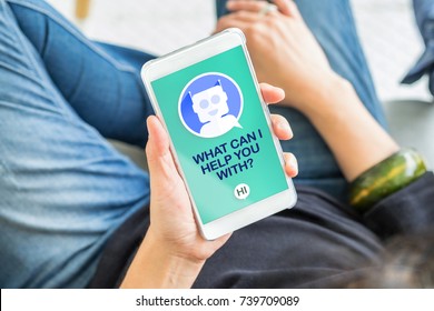 Ask Chat Bot Function On Mobile Screen With Woman Holding Mobile Phone Looking For Customer Support Online Shopping Shop With Apps,digital Marketing Concept.