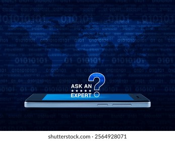 Ask an expert with stars and question mark sign icon on modern smart mobile phone screen over world map binary code, Business communication online concept, Elements of this image furnished by NASA