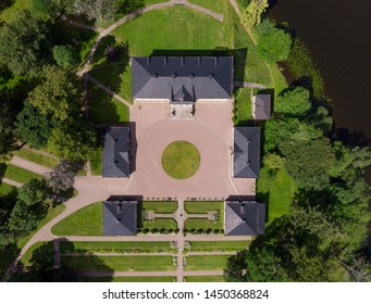 Askersund / Sweden - July 06 2019: Aerial View From Straight Above Of Stjernsund Castle Outside Of Askersund, Närke, Sweden In Summer.