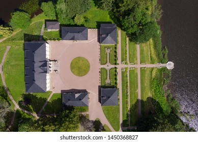 Askersund / Sweden - July 06 2019: Aerial View From Straight Above Of Stjernsund Castle Outside Of Askersund, Närke, Sweden In Summer.