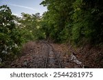 Askew railtracks of Sabah State Railways curling through the rainforest in the narrow Padas River Valley from Beaufort to Tenom in Sabah, Malaysia; the train also labelled "Jungle Train"