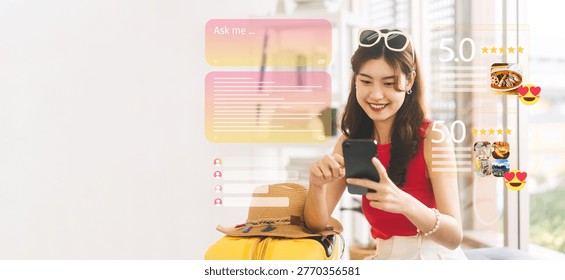 Asking Ai finding best feedback restaurant or shopping destination. Portrait of young adult asian woman with travel luggage. Getting ready for vacation japan trip at home concept.