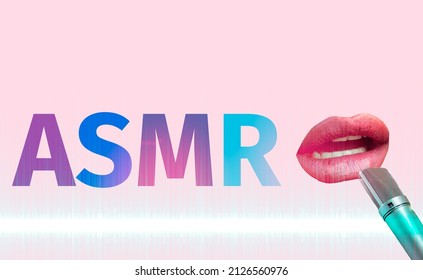 ASMR Concept. Woman Lips Whispering To Microphone Making Asmr Sounds. Autonomous Sensory Meridian Response