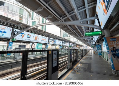 Asok Bangkok Thailand - August 6 2021: People Using Electric Trains Declined As They Had To Work From Home Due To Fears Of The Covid Situation. Quiet City Life. City Without People. Bad Economy.
