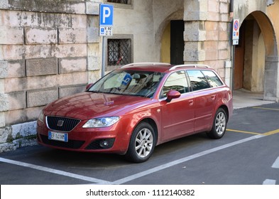 ASOLO, ITALY - SEPTEMBER 2, 2012: SEAT Exeo Car On The Old Italian Street. Exeo Is A Large Family Car, Flagship Model Was Built By The Spanish Car Manufacturer SEAT, Subsidiary Of The Volkswagen Group